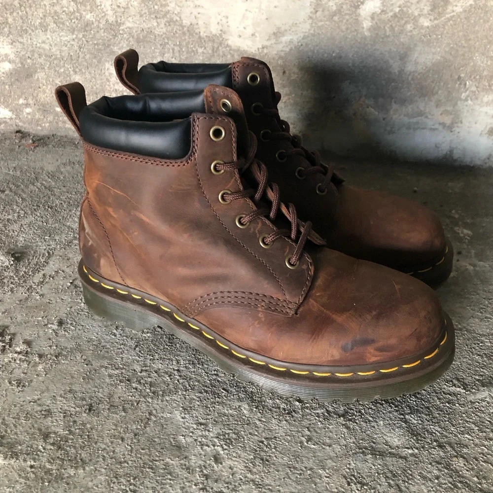 Dr. Martens 939 Ben Boot - Brown Leather Lace-Up Boots with Yellow Stitching